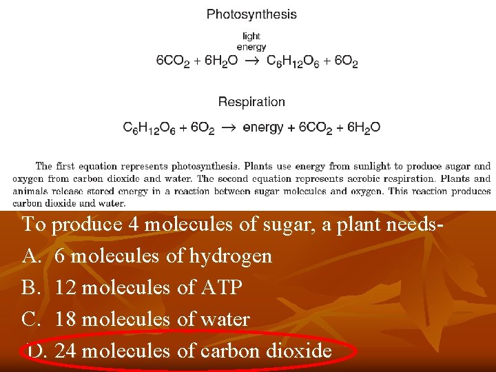 To produce 4 molecules of sugar, a plant needs. A. 6 molecules of hydrogen