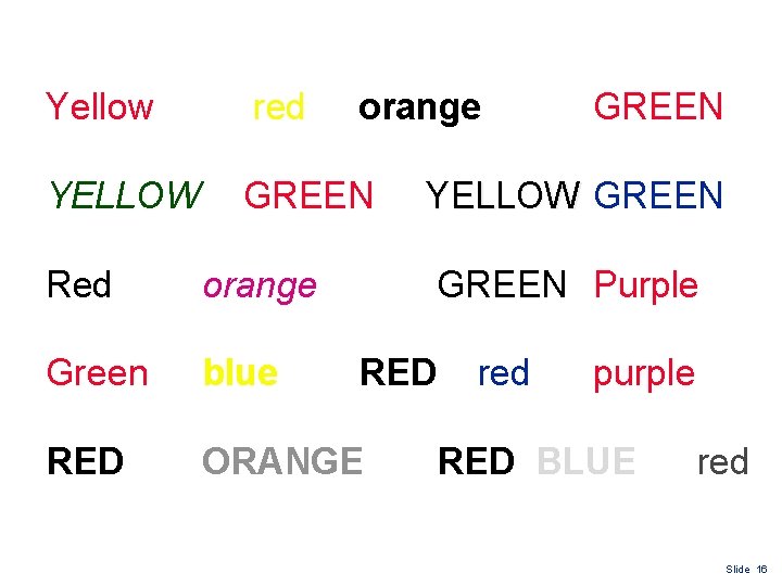 Yellow red orange YELLOW GREEN Red orange Green blue RED ORANGE GREEN YELLOW GREEN