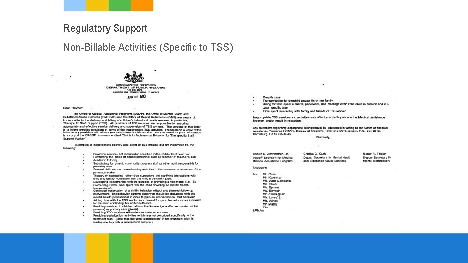 Regulatory Support Non-Billable Activities (Specific to TSS): 