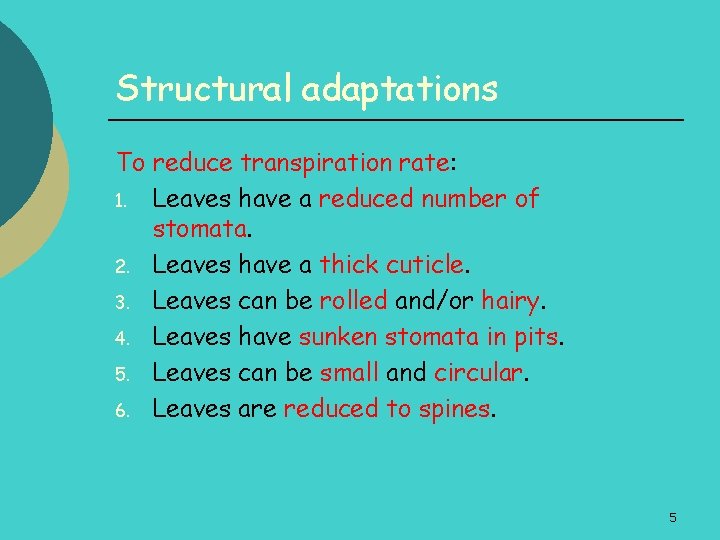 Structural adaptations To reduce transpiration rate: 1. Leaves have a reduced number of stomata.