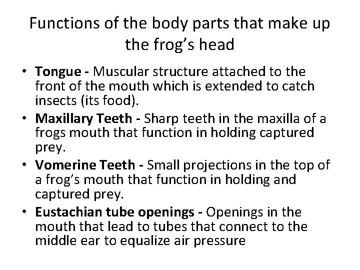 Functions of the body parts that make up the frog’s head • Tongue -