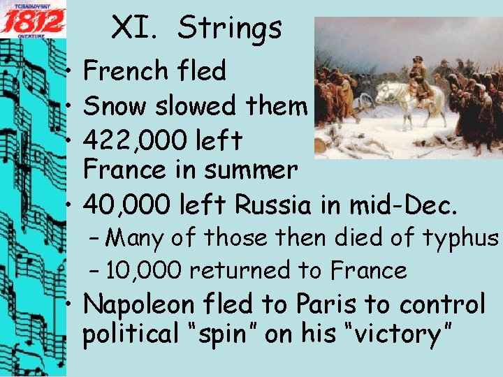 XI. Strings • French fled • Snow slowed them • 422, 000 left France