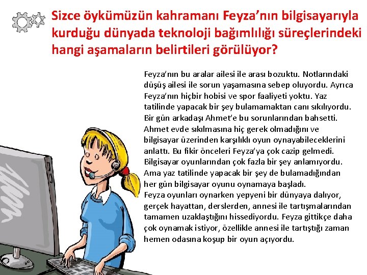 Sizce öykümüzün kahramanı Feyza’nın bilgisayarıyla kurduğu dünyada teknoloji bağımlılığı süreçlerindeki hangi aşamaların belirtileri görülüyor?