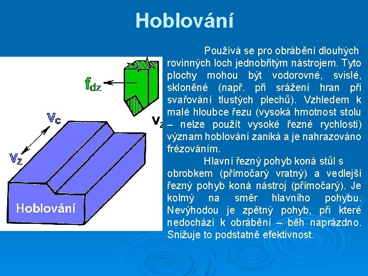 Hoblování Používá se pro obrábění dlouhých rovinných loch jednobřitým nástrojem. Tyto plochy mohou být