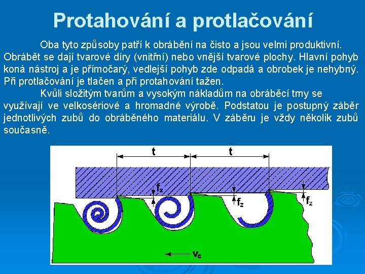 Protahování a protlačování Oba tyto způsoby patří k obrábění na čisto a jsou velmi