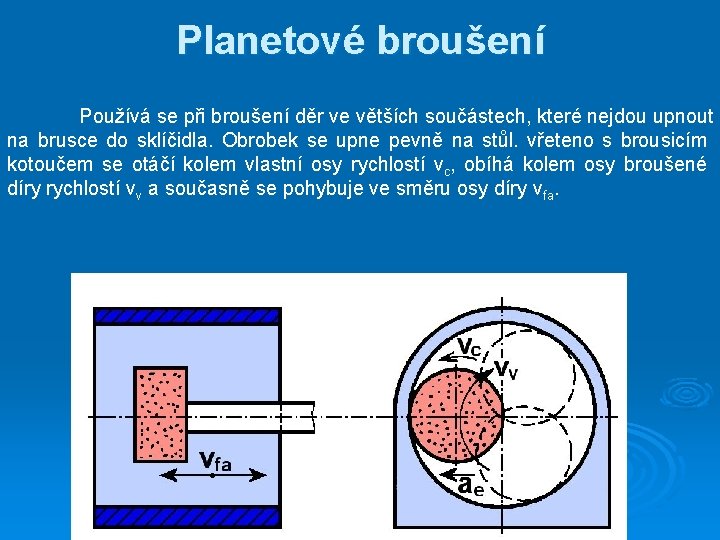 Planetové broušení Používá se při broušení děr ve větších součástech, které nejdou upnout na