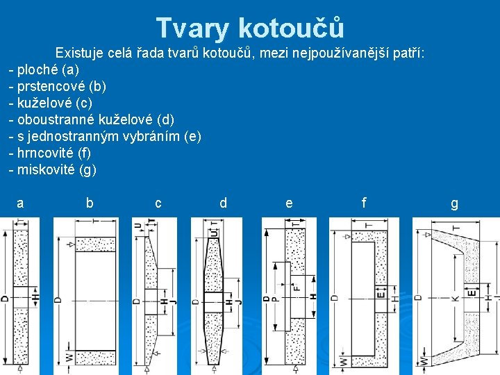 Tvary kotoučů Existuje celá řada tvarů kotoučů, mezi nejpoužívanější patří: - ploché (a) -