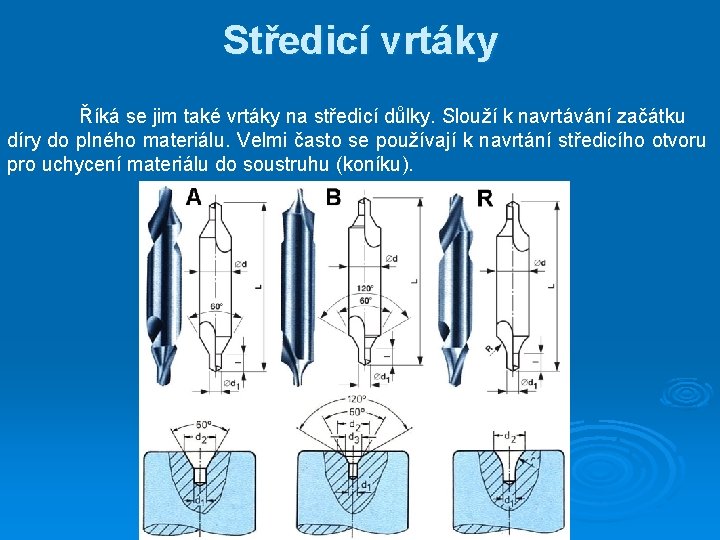 Středicí vrtáky Říká se jim také vrtáky na středicí důlky. Slouží k navrtávání začátku