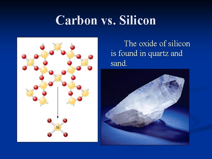 Carbon vs. Silicon The oxide of silicon is found in quartz and sand. 