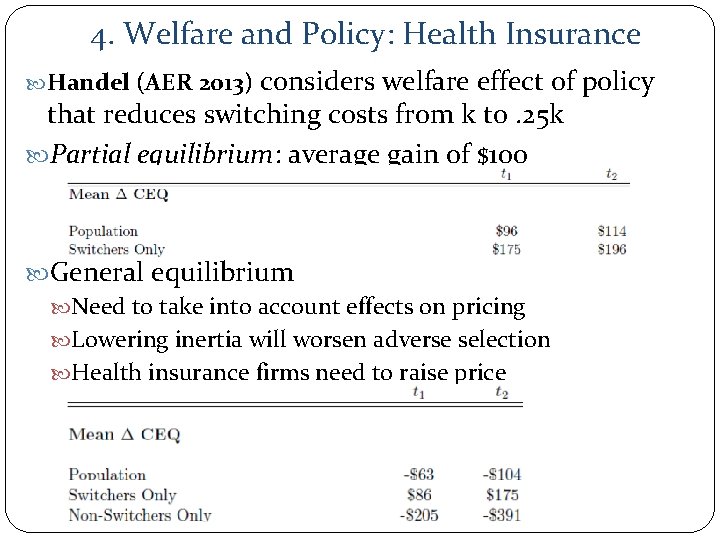 4. Welfare and Policy: Health Insurance Handel (AER 2013) considers welfare effect of policy