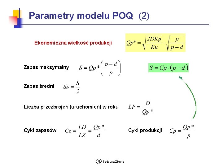 Parametry modelu POQ (2) Ekonomiczna wielkość produkcji Zapas maksymalny Zapas średni Liczba przezbrojeń (uruchomień)