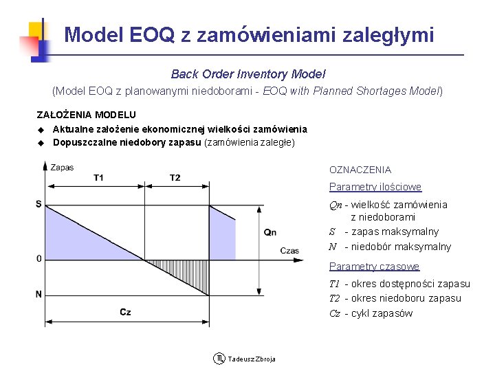 Model EOQ z zamówieniami zaległymi Back Order Inventory Model (Model EOQ z planowanymi niedoborami