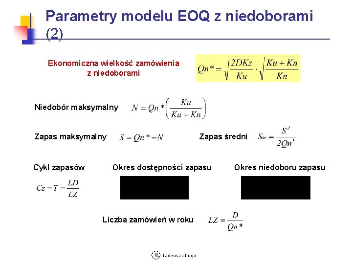 Parametry modelu EOQ z niedoborami (2) Ekonomiczna wielkość zamówienia z niedoborami Niedobór maksymalny Zapas