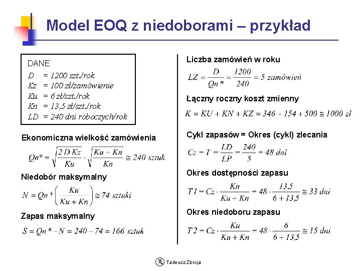 Model EOQ z niedoborami – przykład DANE D Kz Ku Kn LD = 1200