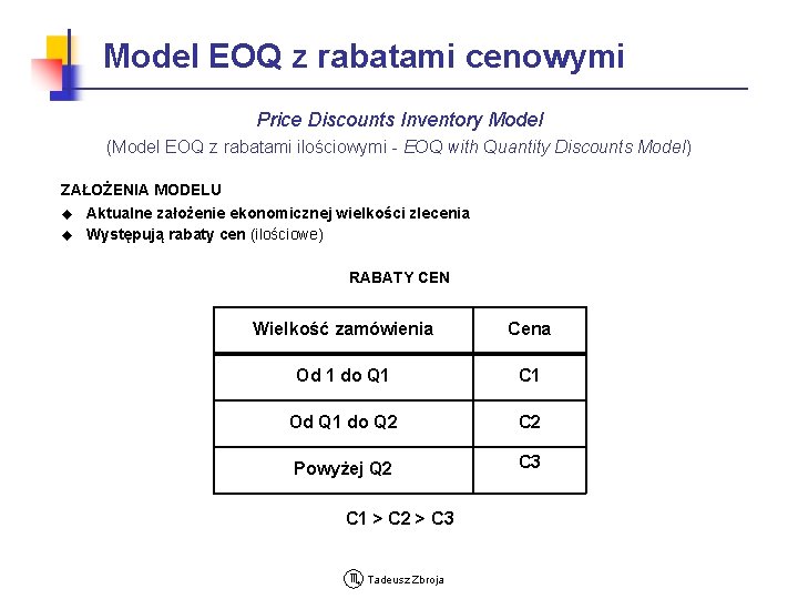 Model EOQ z rabatami cenowymi Price Discounts Inventory Model (Model EOQ z rabatami ilościowymi