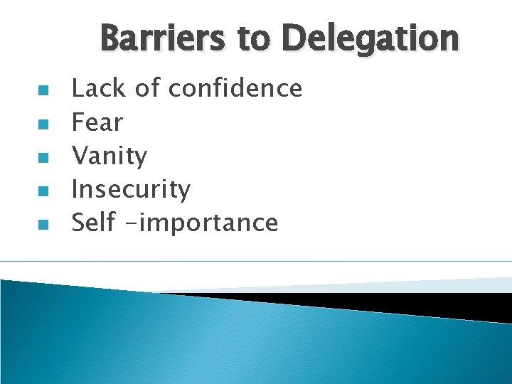 Barriers to Delegation n n Lack of confidence Fear Vanity Insecurity Self -importance Barriers to Delegation n n Lack of confidence Fear Vanity Insecurity Self -importance