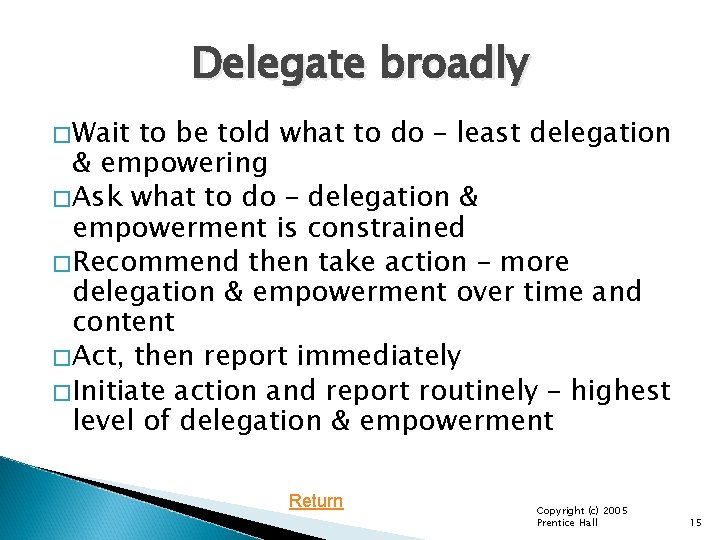 Delegate broadly � Wait to be told what to do – least delegation &