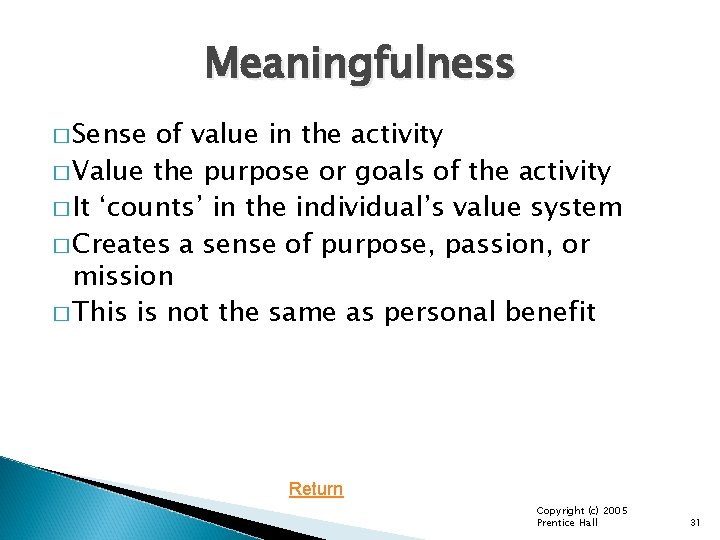 Meaningfulness � Sense of value in the activity � Value the purpose or goals