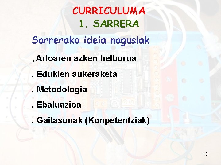 CURRICULUMA 1. SARRERA Sarrerako ideia nagusiak. Arloaren azken helburua. Edukien aukeraketa. Metodologia. Ebaluazioa. Gaitasunak