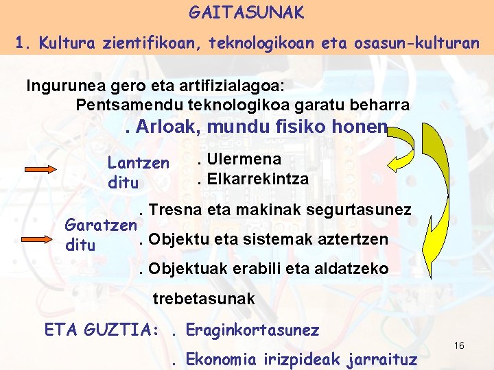GAITASUNAK 1. Kultura zientifikoan, teknologikoan eta osasun-kulturan Ingurunea gero eta artifizialagoa: Pentsamendu teknologikoa garatu