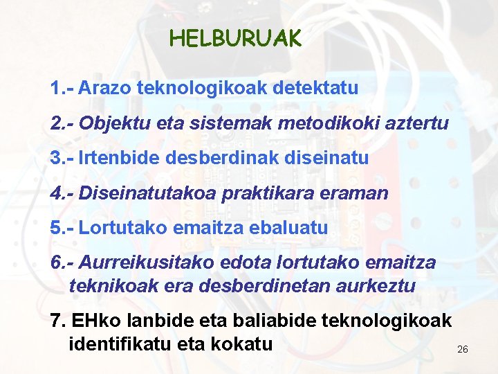 HELBURUAK 1. - Arazo teknologikoak detektatu 2. - Objektu eta sistemak metodikoki aztertu 3.