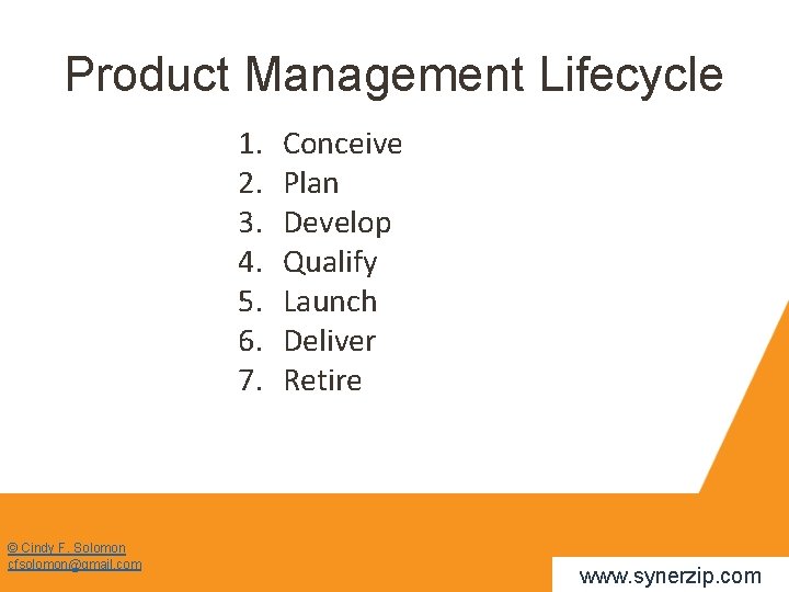 Product Management Lifecycle 1. 2. 3. 4. 5. 6. 7. © Cindy F. Solomon
