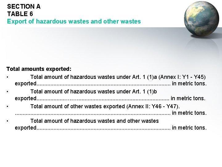 SECTION A TABLE 6 Export of hazardous wastes and other wastes Total amounts exported: