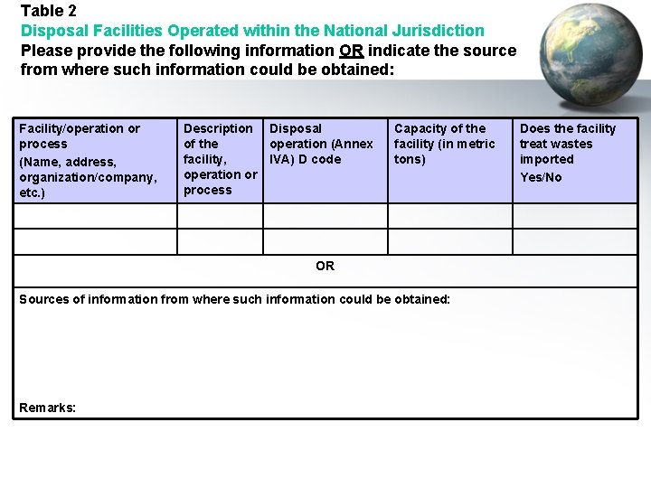 Table 2 Disposal Facilities Operated within the National Jurisdiction Please provide the following information