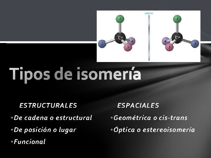 ESTRUCTURALES ESPACIALES • De cadena o estructural • Geométrica o cis-trans • De posición