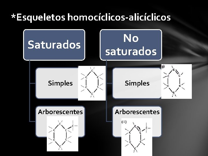 *Esqueletos homocíclicos-alicíclicos Saturados No saturados Simples Arborescentes 