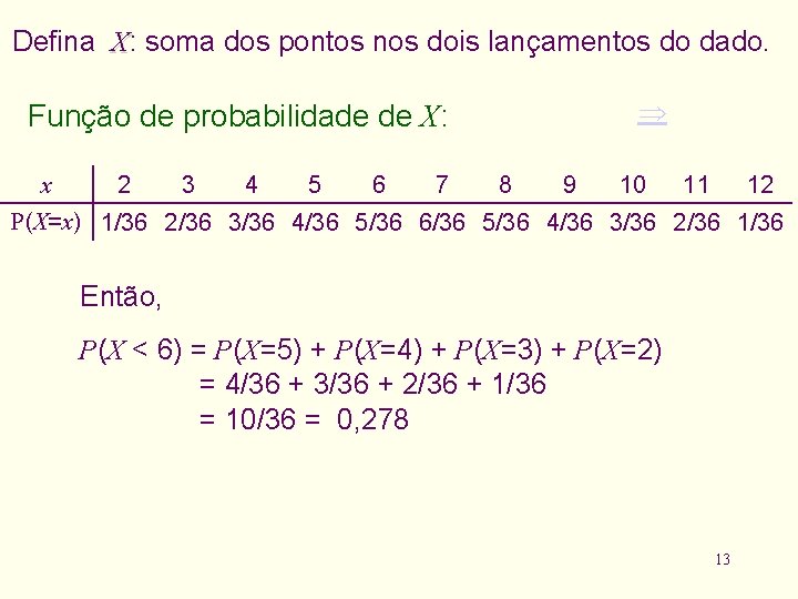 Defina X: soma dos pontos nos dois lançamentos do dado. Função de probabilidade de