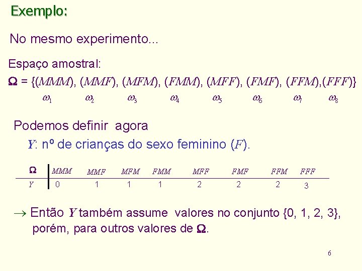 Exemplo: No mesmo experimento. . . Espaço amostral: = {(MMM), (MMF), (MFM), (FMM), (MFF),