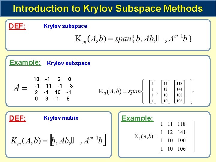 Introduction to Krylov Subspace Methods DEF: Krylov subspace Example: Krylov subspace 10 -1 2