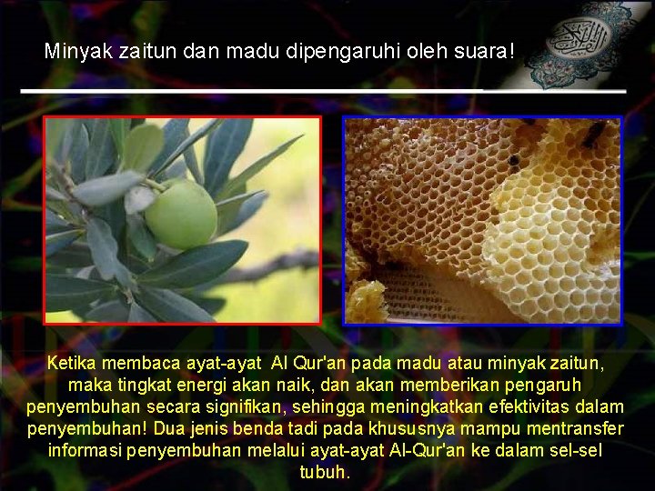 Minyak zaitun dan madu dipengaruhi oleh suara! Ketika membaca ayat-ayat Al Qur'an pada madu