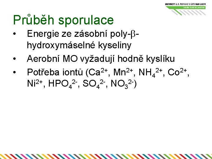 Průběh sporulace • • • Energie ze zásobní poly-bhydroxymáselné kyseliny Aerobní MO vyžadují hodně