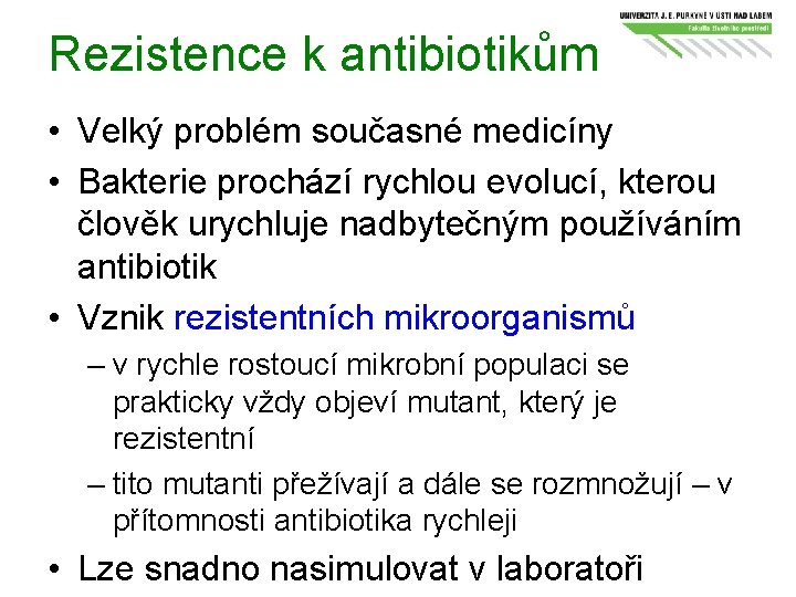 Rezistence k antibiotikům • Velký problém současné medicíny • Bakterie prochází rychlou evolucí, kterou