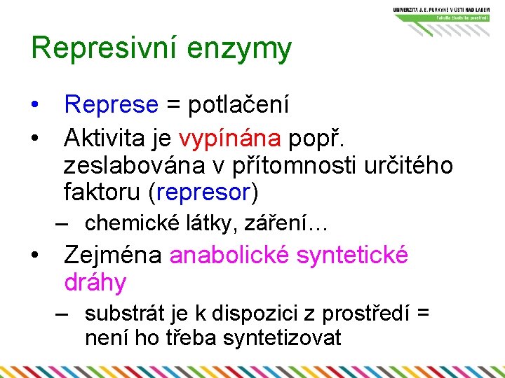 Represivní enzymy • Represe = potlačení • Aktivita je vypínána popř. zeslabována v přítomnosti