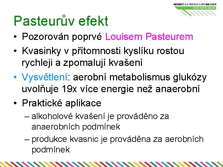 Pasteurův efekt • Pozorován poprvé Louisem Pasteurem • Kvasinky v přítomnosti kyslíku rostou rychleji