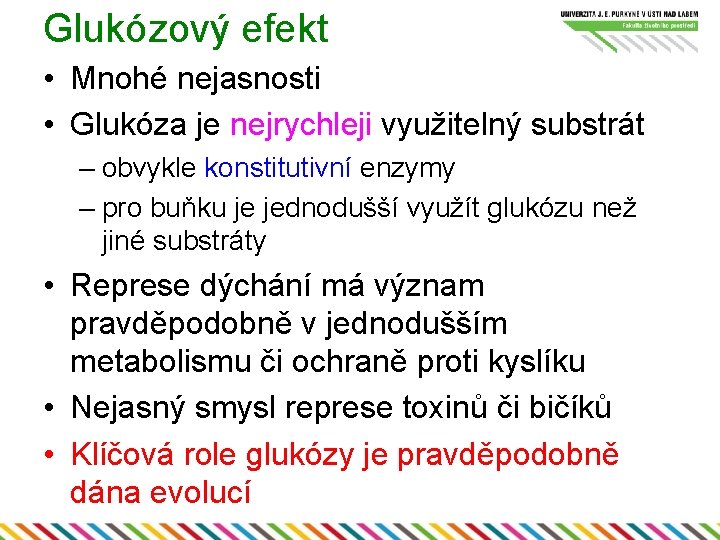 Glukózový efekt • Mnohé nejasnosti • Glukóza je nejrychleji využitelný substrát – obvykle konstitutivní