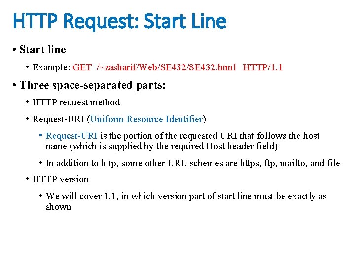 HTTP Request: Start Line • Start line • Example: GET /~zasharif/Web/SE 432. html HTTP/1.