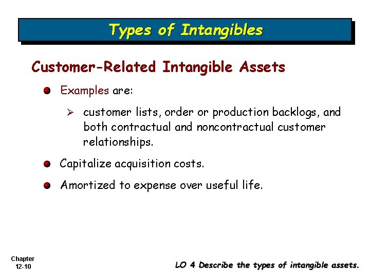 Types of Intangibles Customer-Related Intangible Assets Examples are: Ø customer lists, order or production