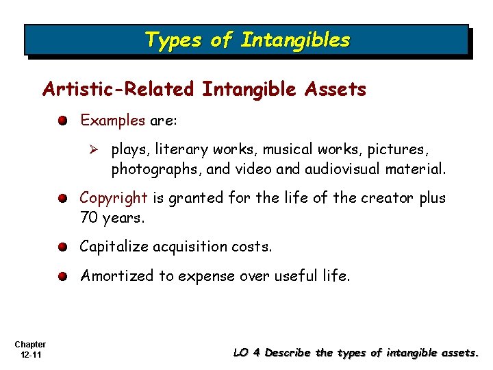 Types of Intangibles Artistic-Related Intangible Assets Examples are: Ø plays, literary works, musical works,