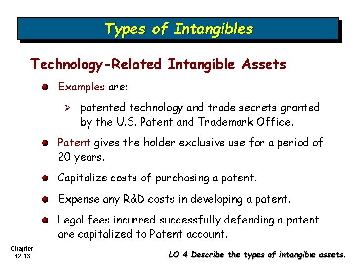 Types of Intangibles Technology-Related Intangible Assets Examples are: Ø patented technology and trade secrets