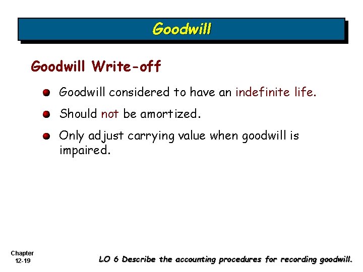 Goodwill Write-off Goodwill considered to have an indefinite life. Should not be amortized. Only