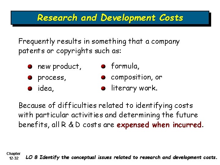 Research and Development Costs Frequently results in something that a company patents or copyrights Research and Development Costs Frequently results in something that a company patents or copyrights