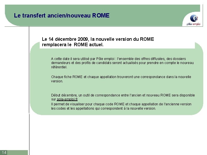 Le transfert ancien/nouveau ROME Le 14 décembre 2009, la nouvelle version du ROME remplacera