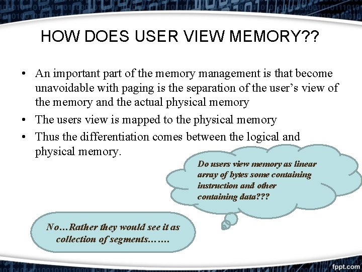 HOW DOES USER VIEW MEMORY? ? • An important part of the memory management HOW DOES USER VIEW MEMORY? ? • An important part of the memory management