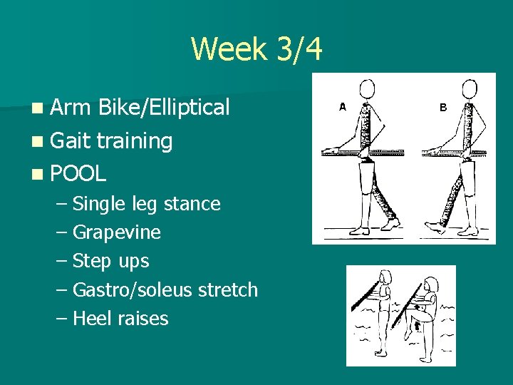 Week 3/4 n Arm Bike/Elliptical n Gait training n POOL – Single leg stance