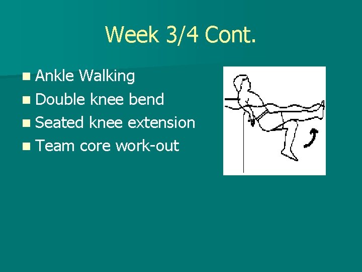 Week 3/4 Cont. n Ankle Walking n Double knee bend n Seated knee extension