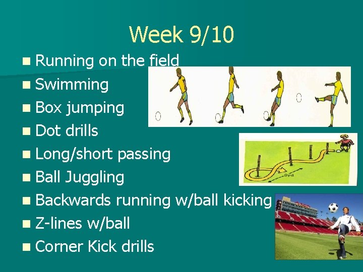 Week 9/10 n Running on the field n Swimming n Box jumping n Dot